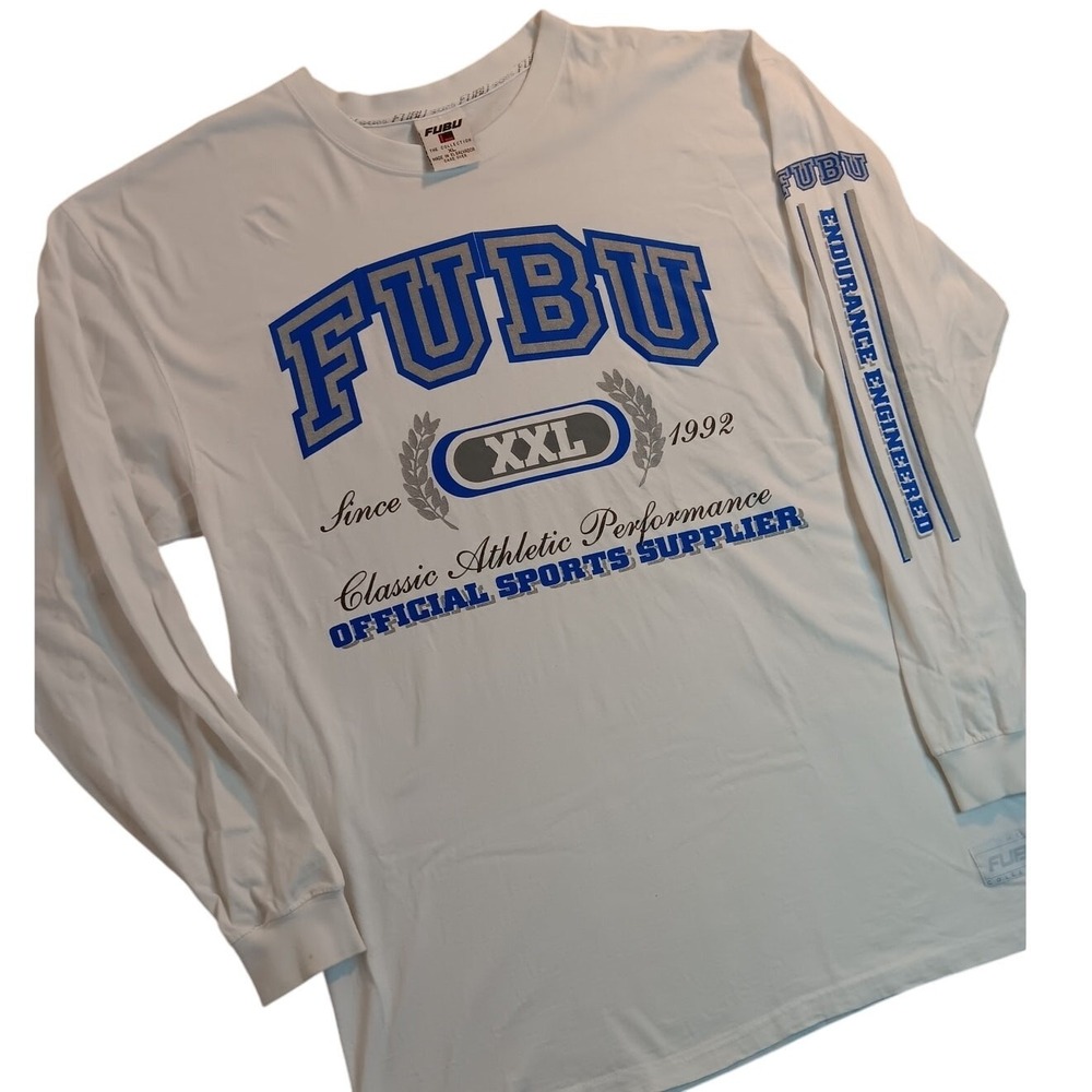 FUBU T-Shirt Long Sleeve Mens XL White Graphic Y2K Streetwear Hip Hop Tee